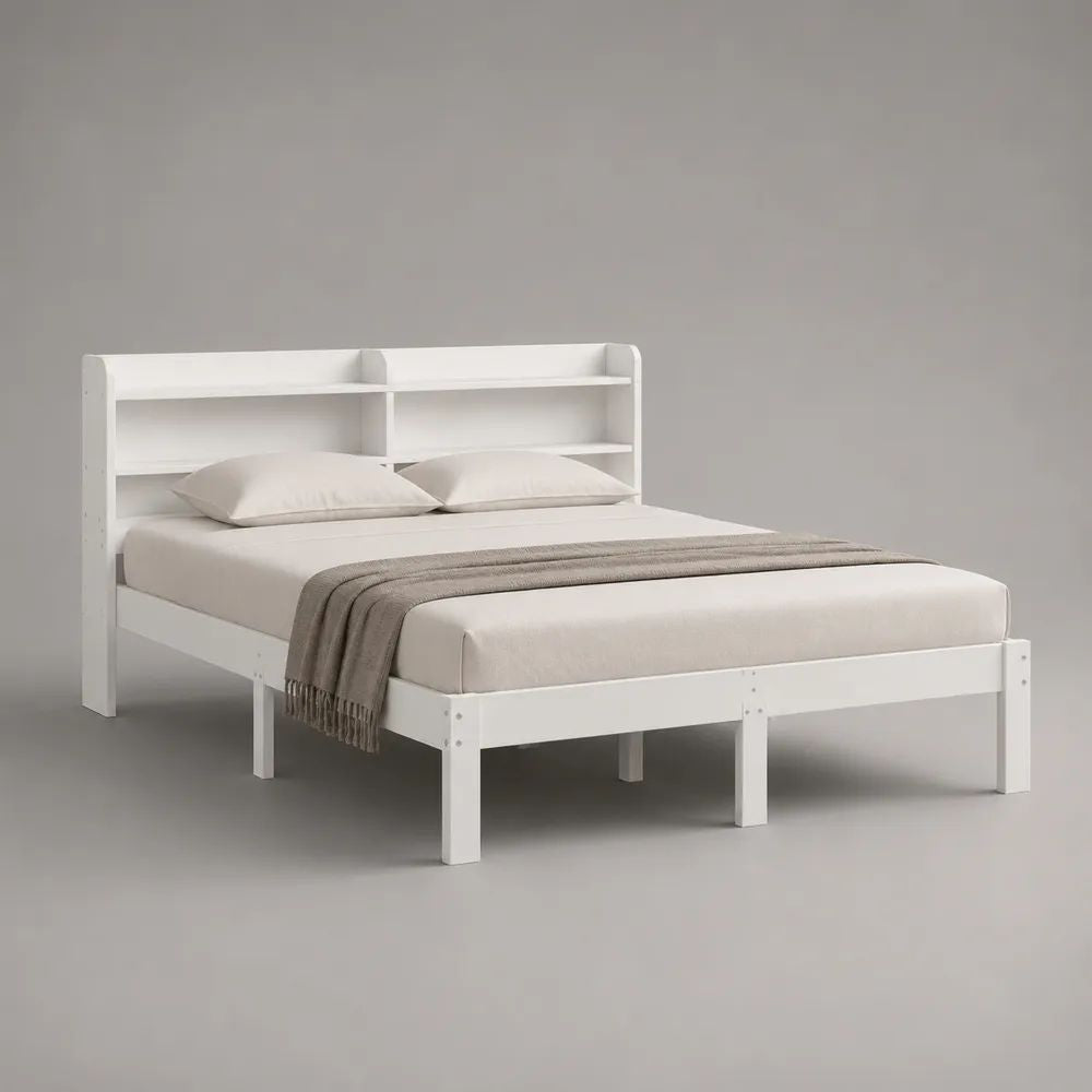 Letto matrimoniale in legno bianco 166 x 215 x 110 cm con testiera libreria, per materasso 160 x 200 cm