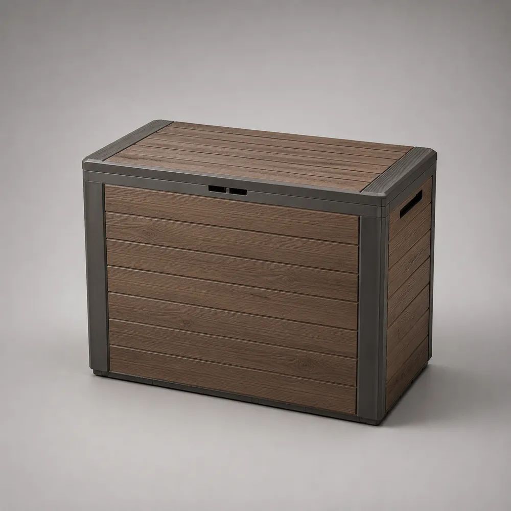 Baule da giardino portaoggetti in plastica effetto legno marrone e antracite, 380 L, 122,9 × 62,1 × 70,6 cm