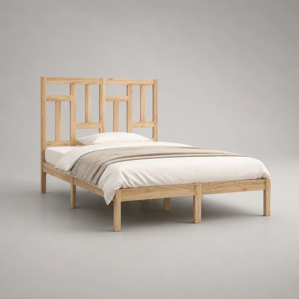 Letto matrimoniale 160 x 200 cm in legno massello di pino naturale con testiera geometrica, 208 x 168 x 105 cm