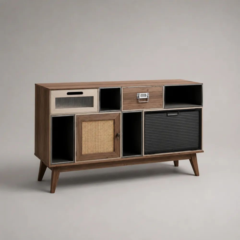 Credenza bassa in legno, metallo, vetro e rattan con 2 cassetti, 2 ante e 4 vani, marrone noce e nero, 140 × 40 × 85 cm