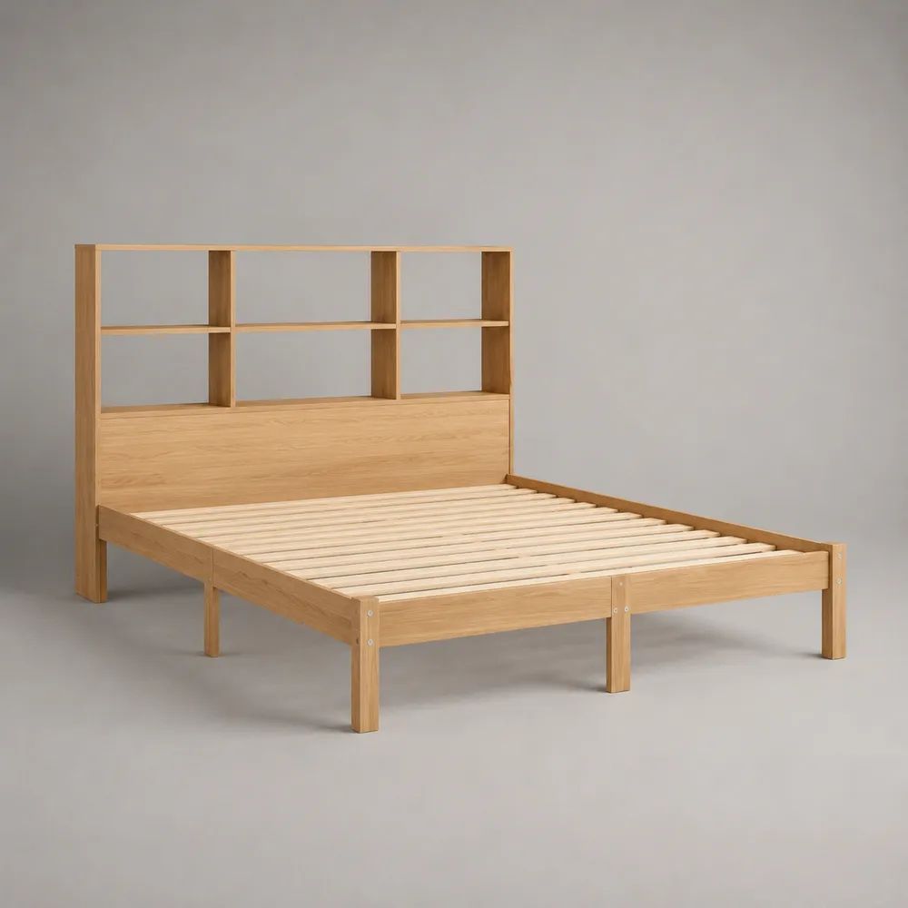 Letto matrimoniale in legno naturale 140 x 200 cm con rete a doghe e testiera libreria a 6 vani