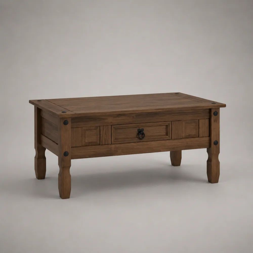 Tavolino rettangolare in pino massello marrone con cassetto, 100 × 60 × 45 cm