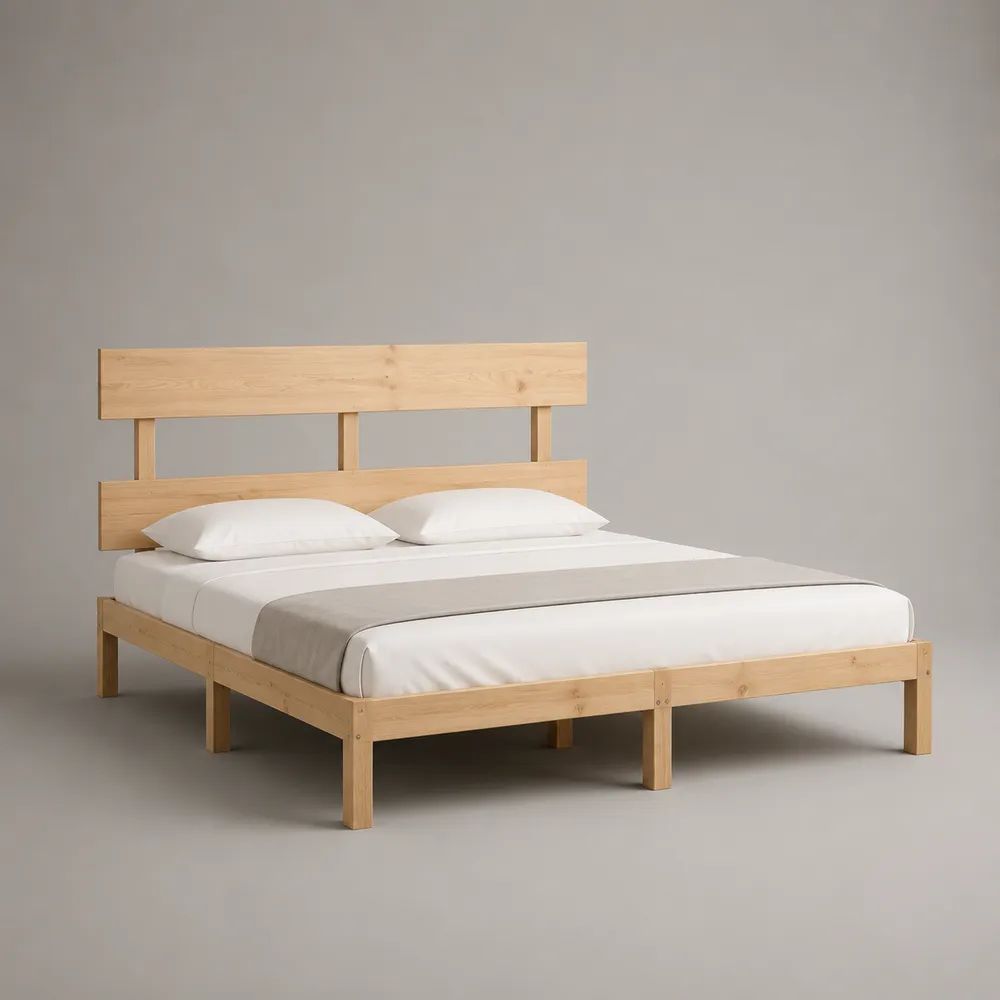 Letto matrimoniale in legno naturale 180 x 200 cm con rete a doghe e testiera rettangolare