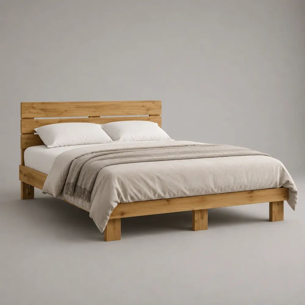 Letto matrimoniale 160 x 200 cm in legno naturale con testiera e rete a doghe, dimensioni 168 x 214 x 105 cm
