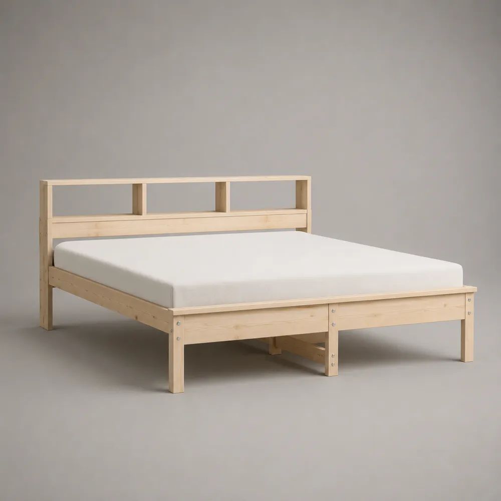 Letto matrimoniale in legno naturale 160 x 200 cm con testiera a vani e rete a doghe, 168 x 211 x 100 cm