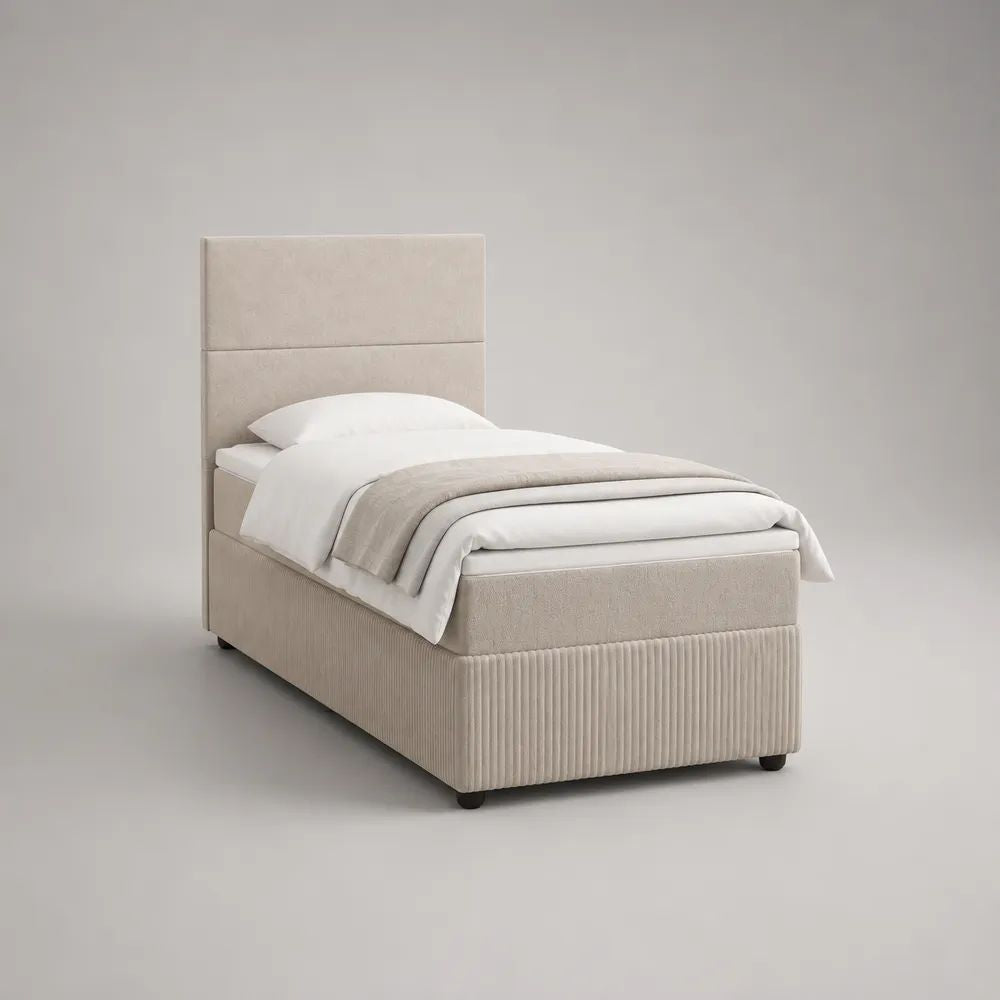 Letto singolo imbottito beige 90 × 200 cm con testiera alta e rivestimento in tessuto