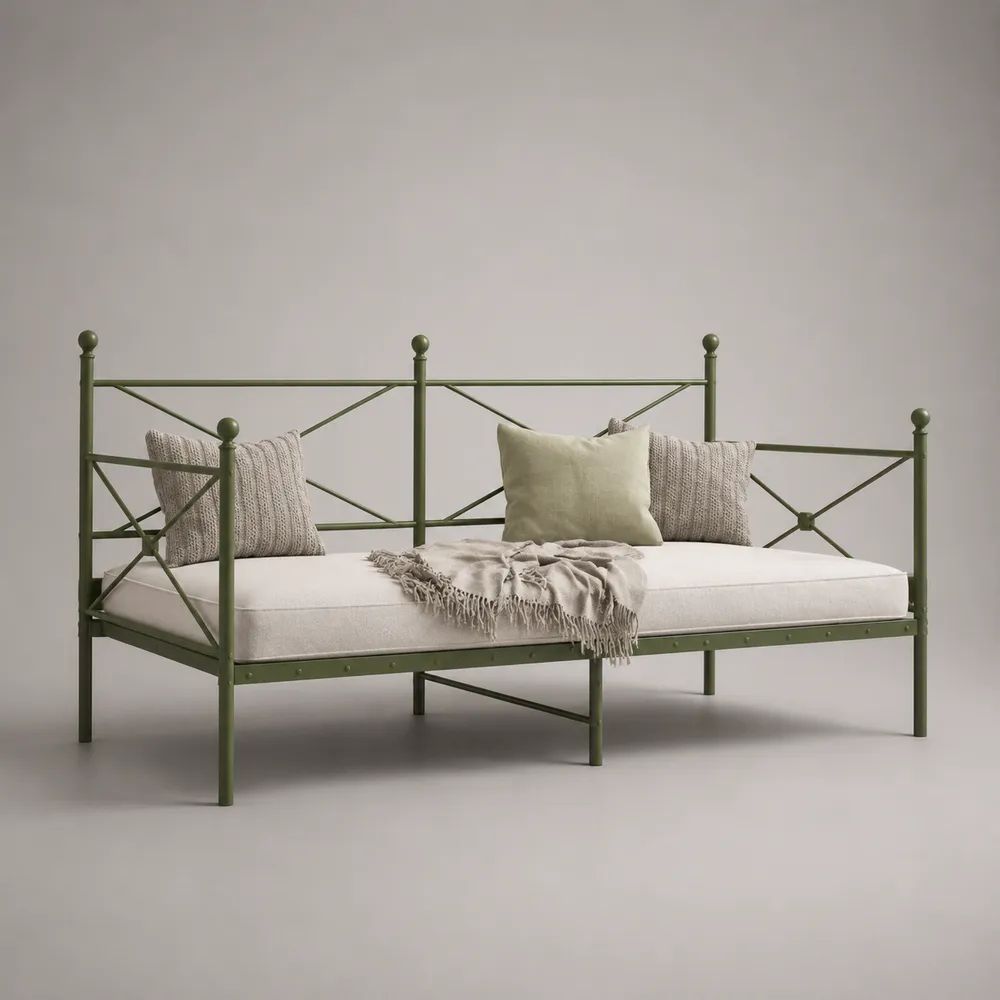 Letto-divano singolo 90 x 200 cm in acciaio verde oliva con schienale e sponde