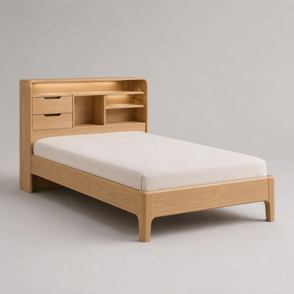 Letto una piazza e mezza in legno rovere naturale 120 × 200 cm con testiera contenitore, 2 cassetti e vani aperti