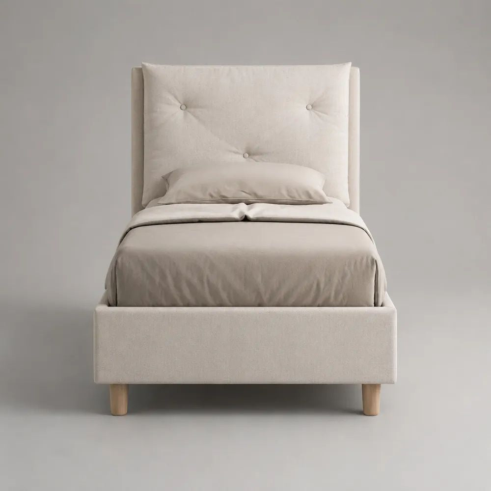 Letto singolo imbottito beige chiaro 105 x 215 x 128 cm in tessuto, per materasso 90 x 200 cm, con testiera capitonné e rete a doghe