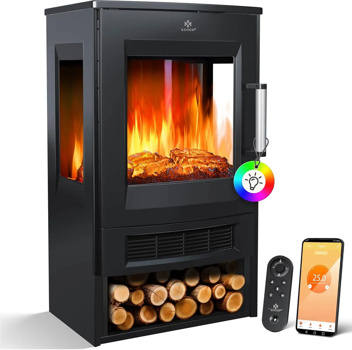 Ventilatore, 1800 W, Wi-Fi, nero, effetto fiamma LED 9 modalità colore, WiFi 900/1800 W termostato, KESSER® Camino elettrico riscaldamento