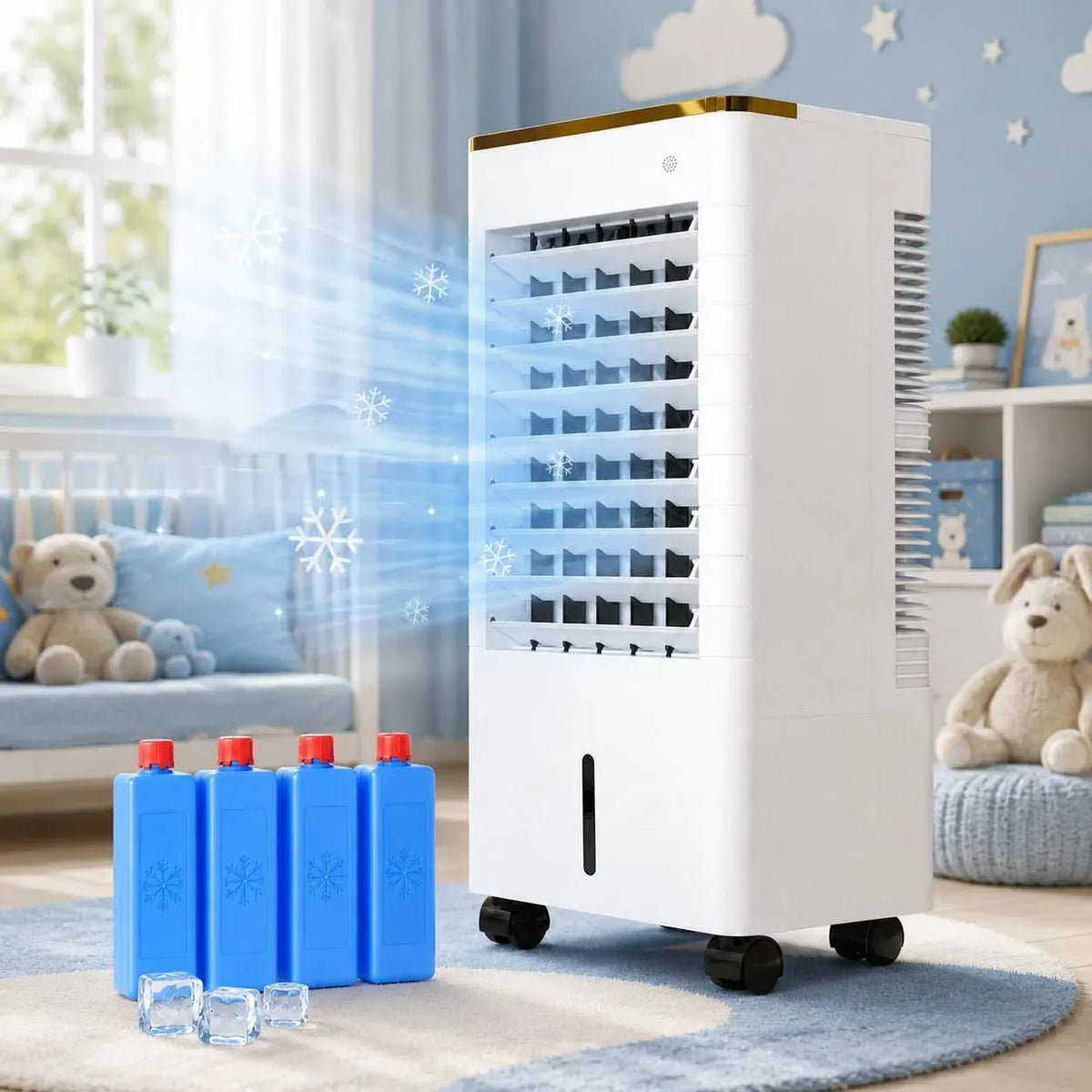 Ventilatore, 9 L, 75 W, portatile, touch, ampio serbatoio, Raffrescatore d'Aria Portatile 3 in 1, Comando Touch LED, 4 Panetti di Ghiaccio