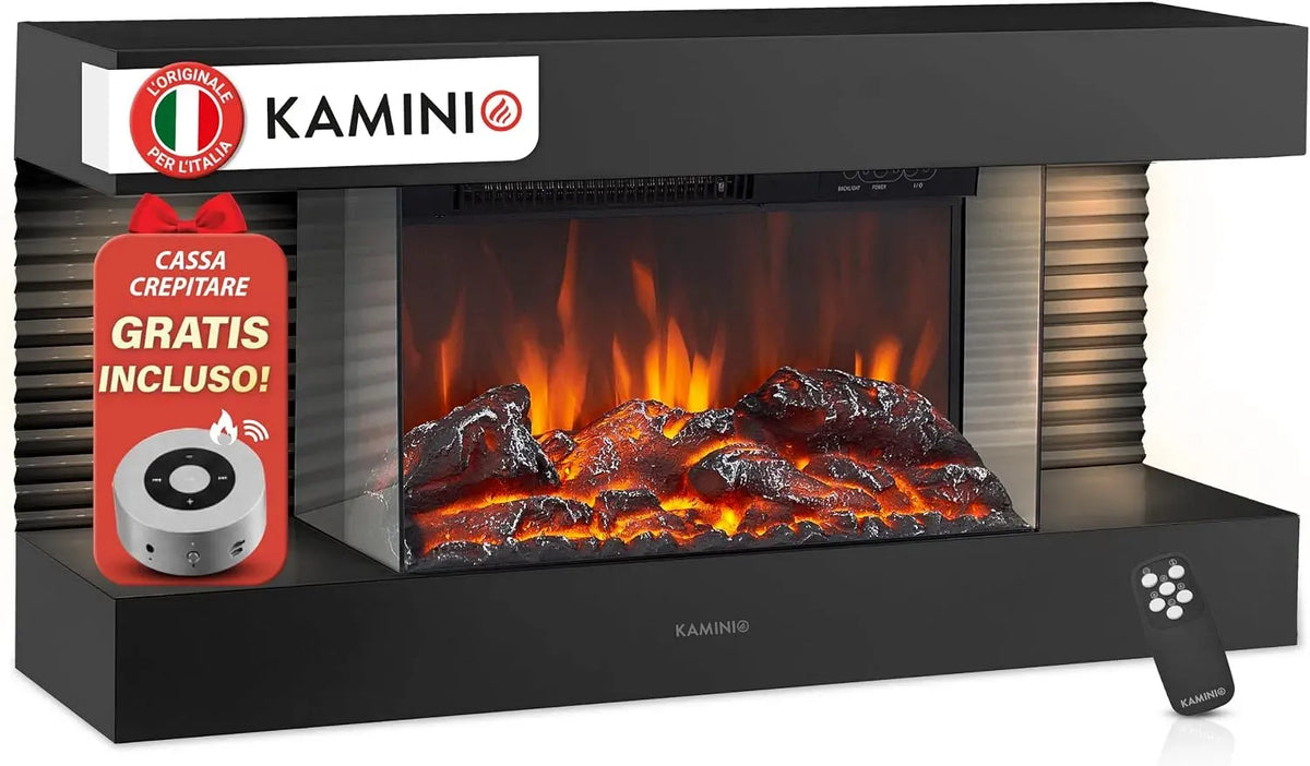 Camino elettrico LIZ, effetto fiamma 3D, Caminetto elettrico da parete con riscaldamento, luce ambiente a LED, telecomando
