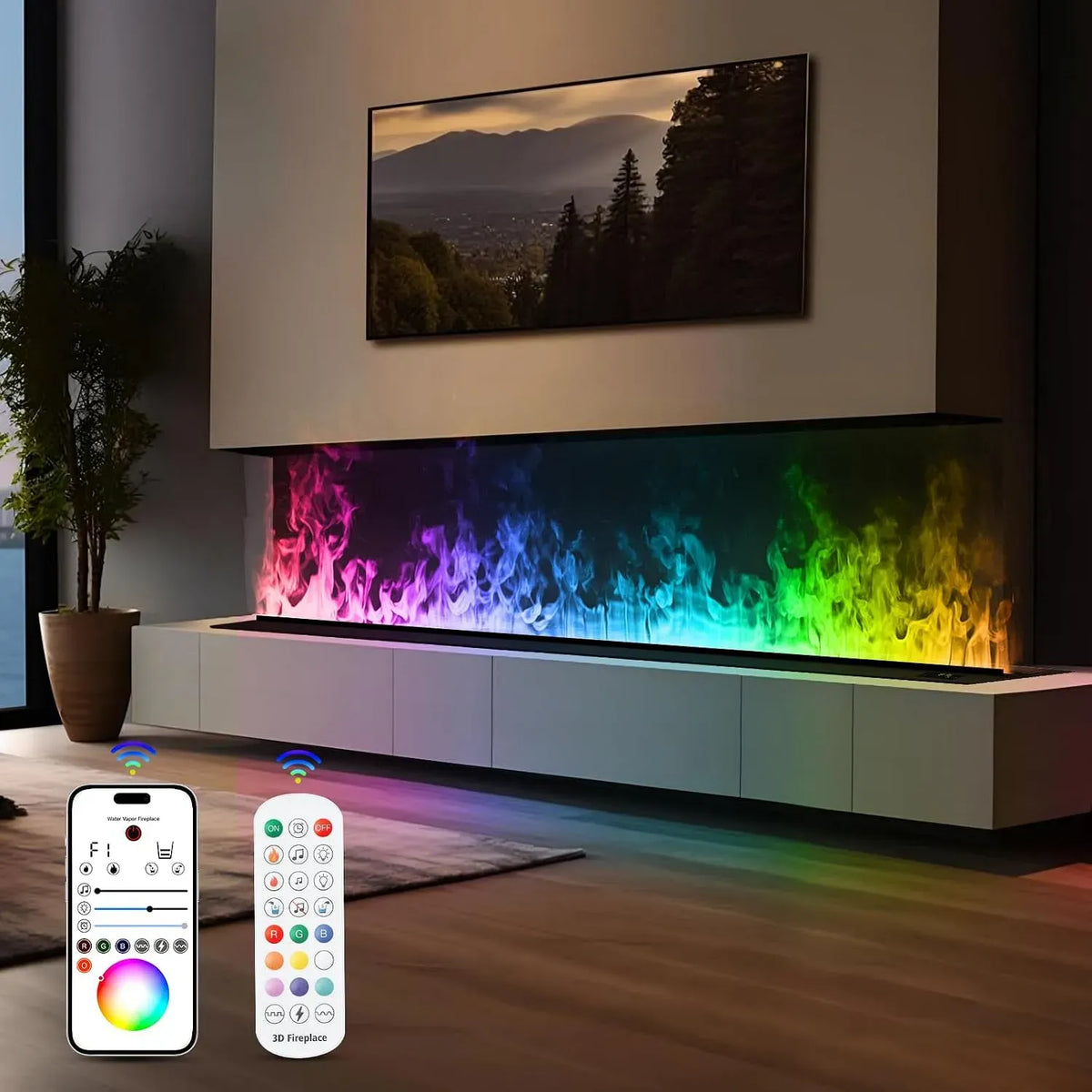camino elettrico, Camino a vapore, effetto fiamma 3D a 9 colori, 100cm, camino con telecomando APP, Nessun calore