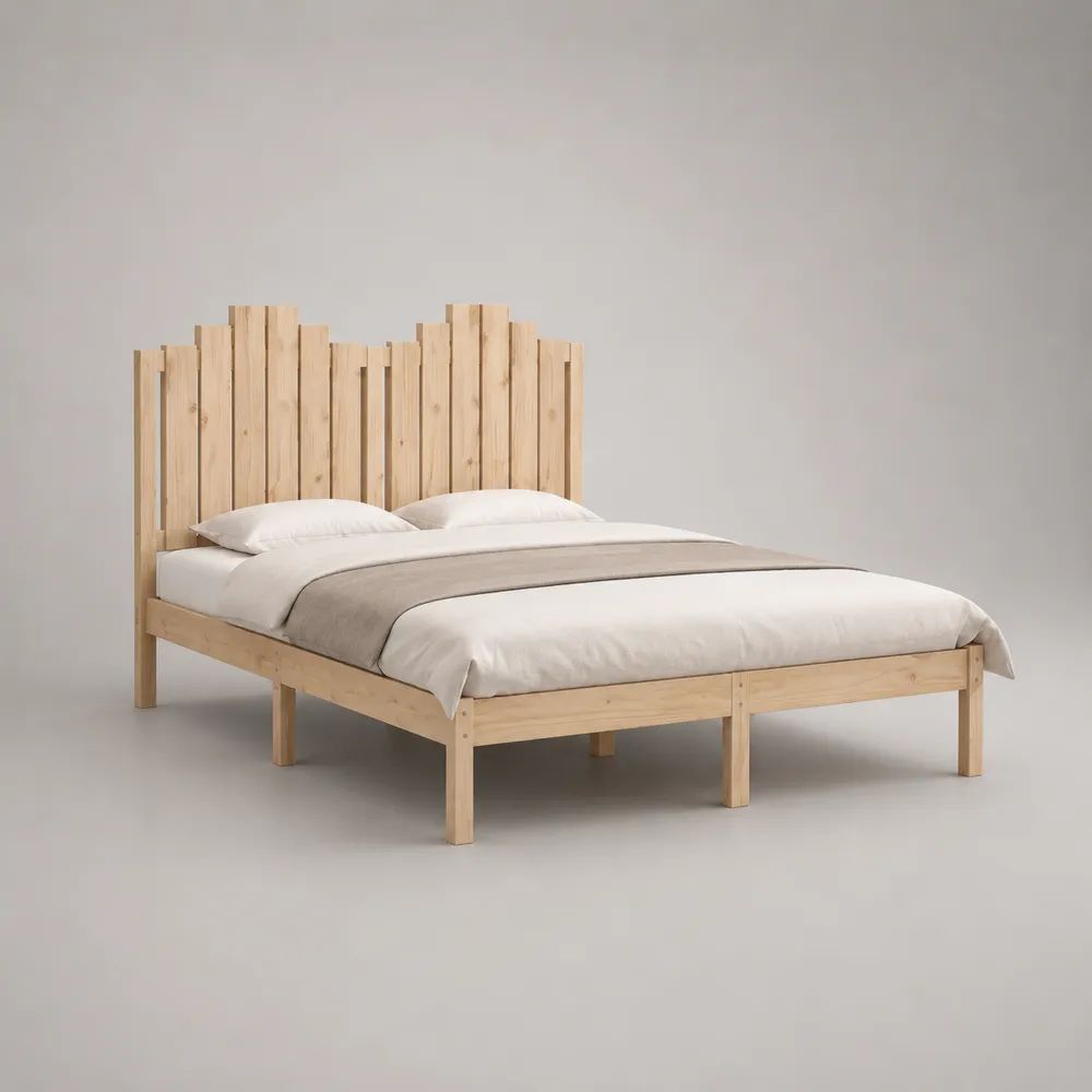 Letto matrimoniale 160 x 200 cm in pino massello naturale con testiera a doghe verticali, 208 x 168 x 150 cm