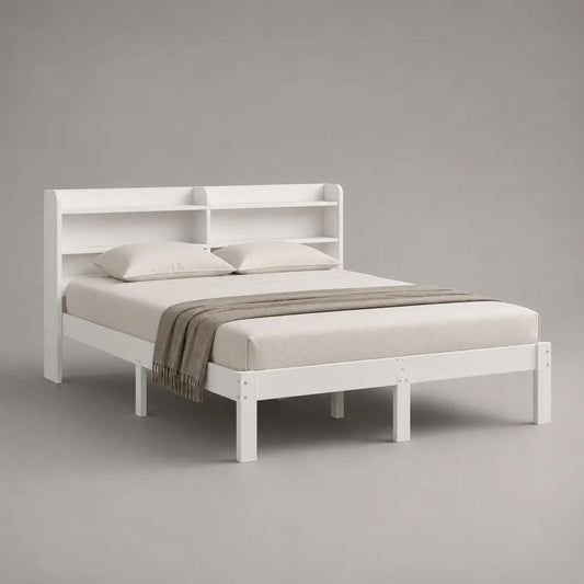 Letto matrimoniale in legno bianco 166 x 215 x 110 cm con testiera libreria, per materasso 160 x 200 cm