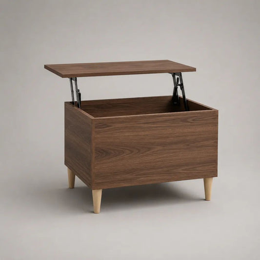 Tavolino da salotto rettangolare con piano elevabile e vano contenitore in legno e metallo, marrone noce, nero e beige naturale, 80 x 50 x 55 cm