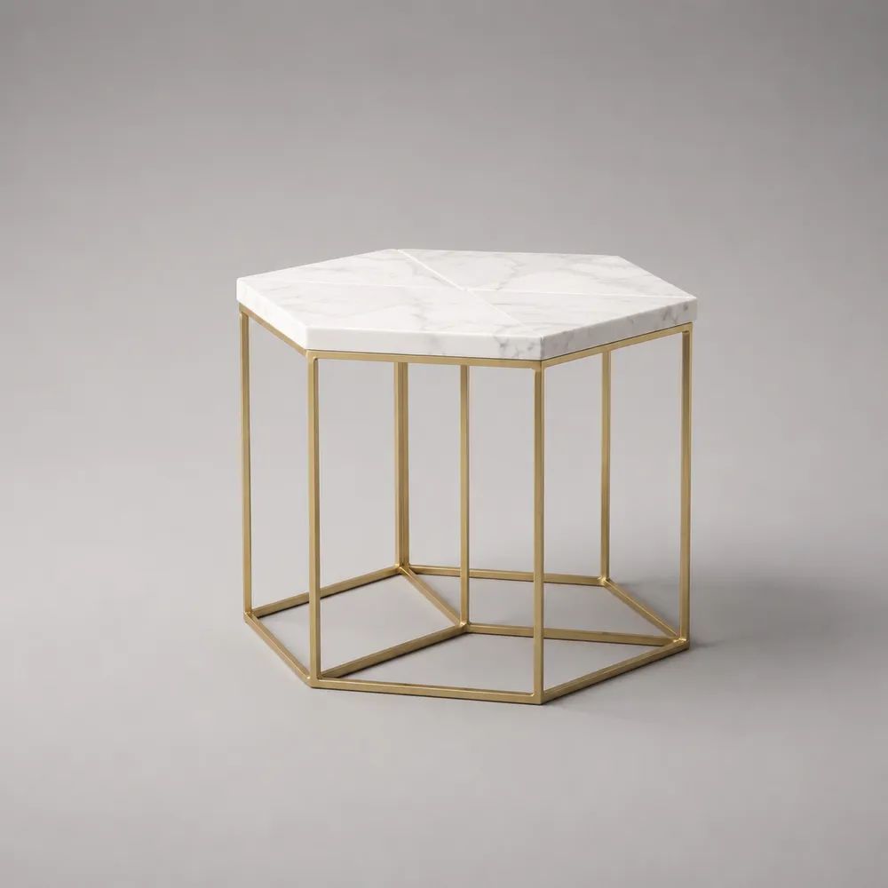 Tavolino esagonale in marmo bianco e metallo dorato, 60 × 52 × 50 cm
