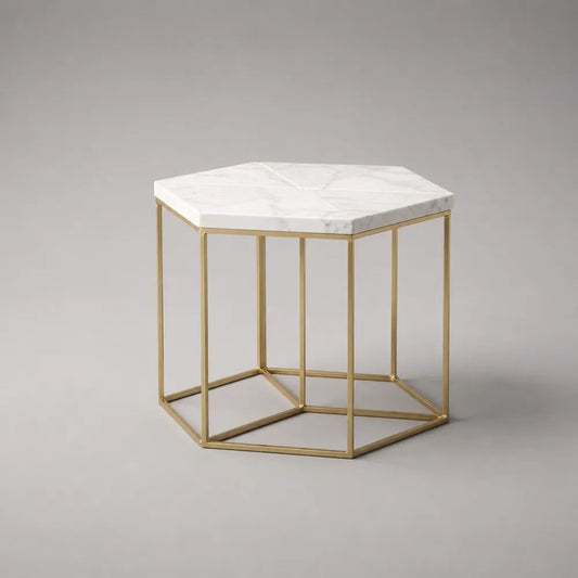 Tavolino esagonale in marmo bianco e metallo dorato, 60 × 52 × 50 cm