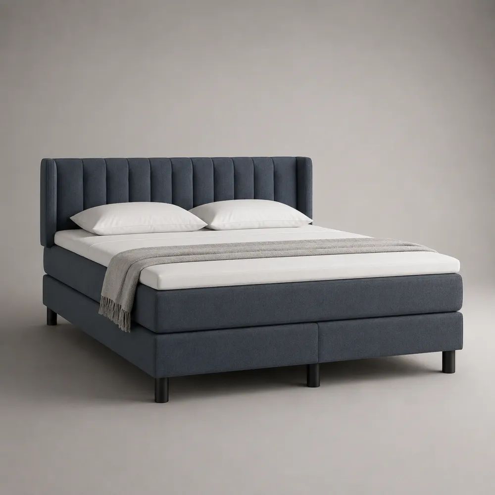 Letto matrimoniale imbottito in tessuto blu antracite 160 x 200 cm con testiera a pannelli verticali