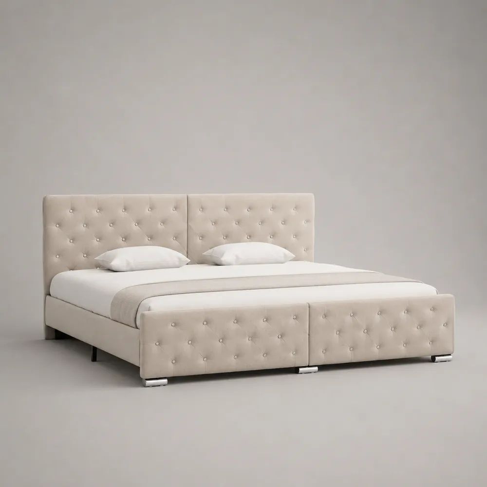 Letto matrimoniale imbottito 160 x 200 cm in velluto beige con testiera e pediera capitonné
