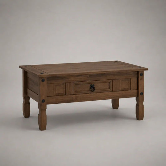 Tavolino rettangolare in pino massello marrone con cassetto, 100 × 60 × 45 cm