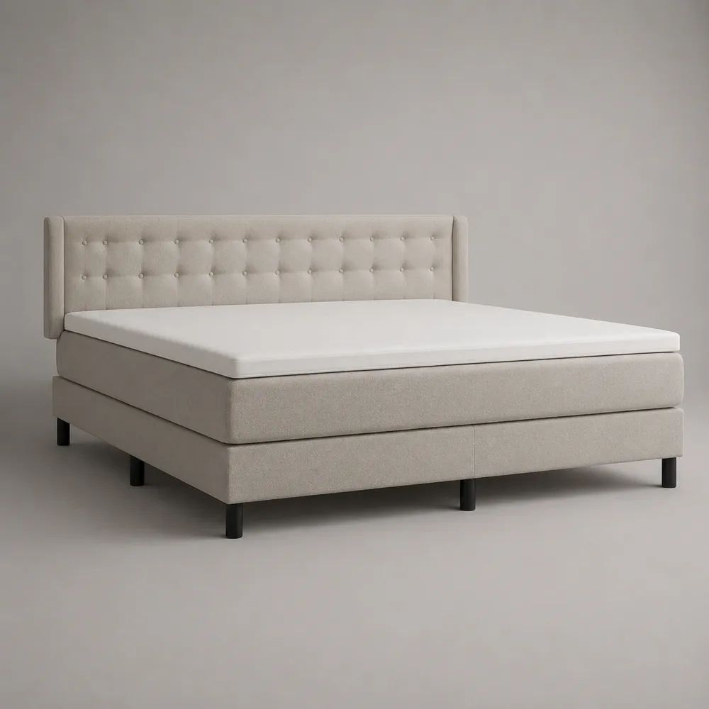 Set letto matrimoniale boxspring 160 x 200 cm in poliestere beige con testiera capitonné, materasso e topper, 180 x 215 x 120 cm