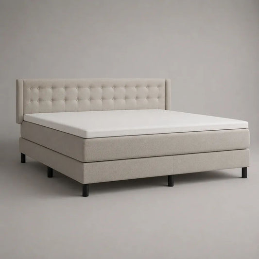 Set letto matrimoniale boxspring 160 x 200 cm in poliestere beige con testiera capitonné, materasso e topper, 180 x 215 x 120 cm