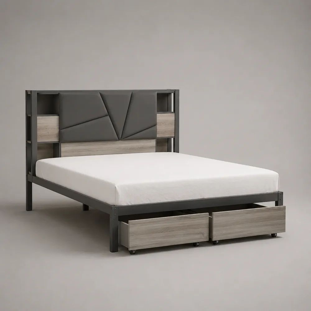 Letto matrimoniale 160 x 200 cm con testiera imbottita, vani laterali e 2 cassetti, in acciaio e legno, grigio antracite e rovere grigio