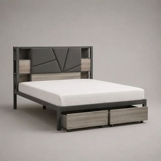 Letto matrimoniale 160 x 200 cm con testiera imbottita, vani laterali e 2 cassetti, in acciaio e legno, grigio antracite e rovere grigio