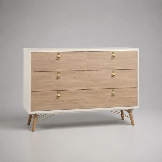 Cassettiera bassa rettangolare a 6 cassetti in MDF effetto rovere con gambe in legno, bianco, rovere naturale e ottone, 120 x 40 x 80 cm