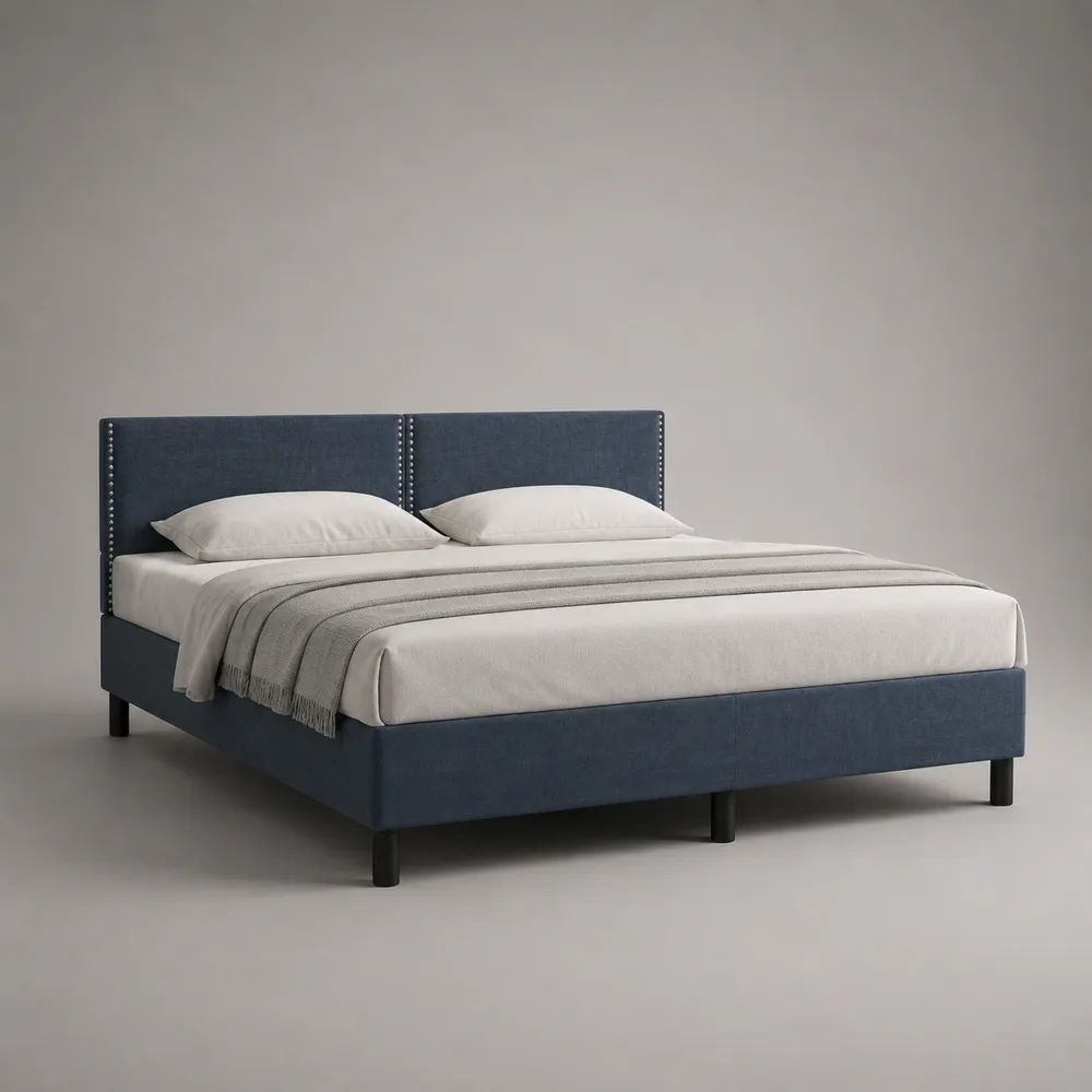 Letto matrimoniale imbottito 160 x 200 cm in poliestere blu scuro con testiera rettangolare e rete a doghe