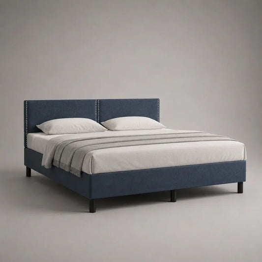 Letto matrimoniale imbottito 160 x 200 cm in poliestere blu scuro con testiera rettangolare e rete a doghe