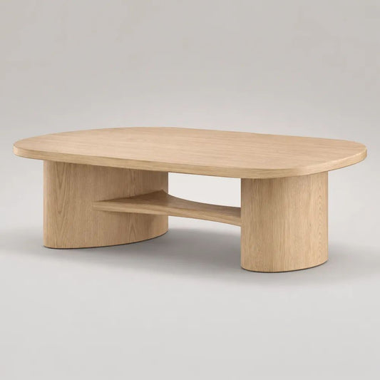 Tavolino ovale in MDF impiallacciato rovere naturale con ripiano, 120 × 60 × 45 cm