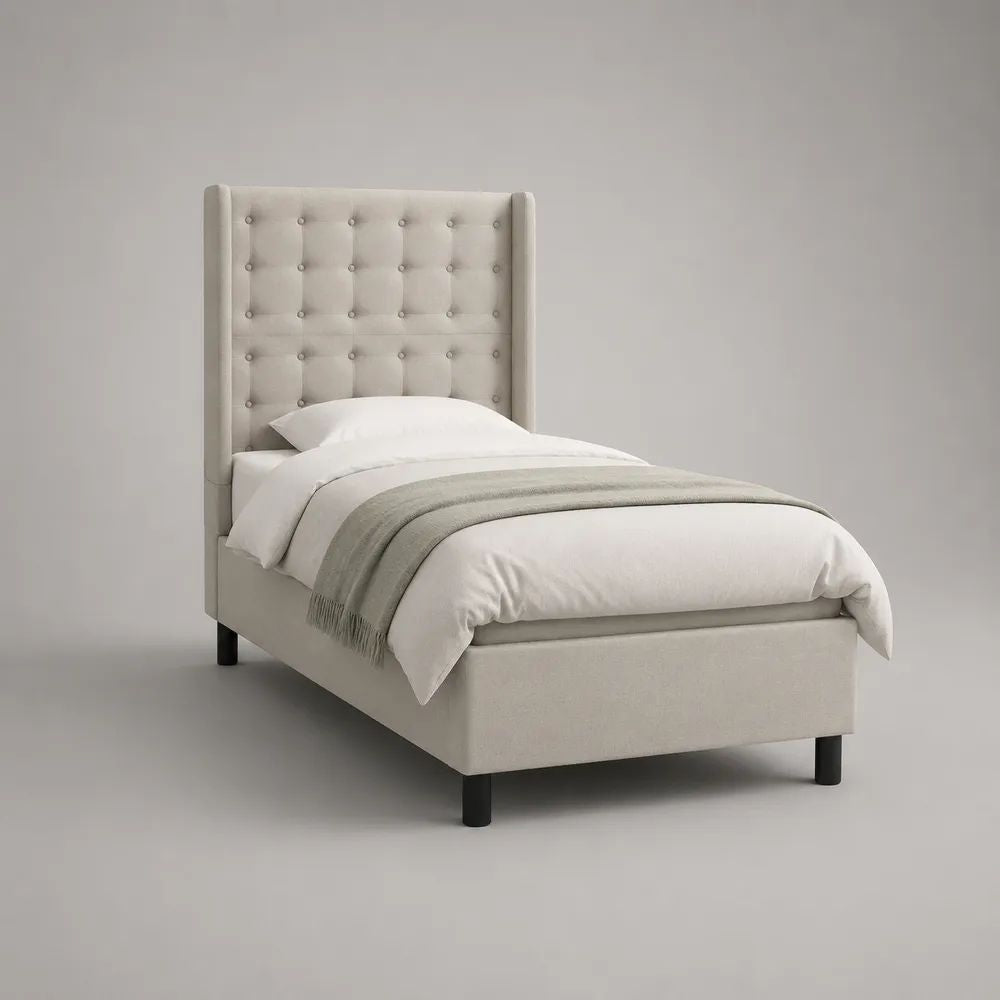 Letto singolo imbottito beige 90 x 190 cm in tessuto con testiera capitonné ad ali, dimensioni 205 x 104 x 150 cm