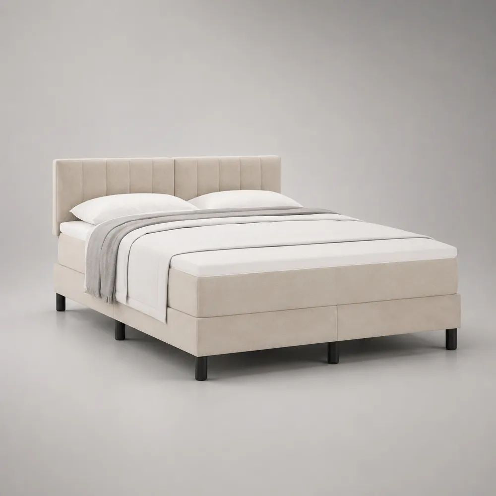 Letto matrimoniale imbottito 160 x 200 cm in velluto beige con testiera a pannelli verticali e rete a doghe