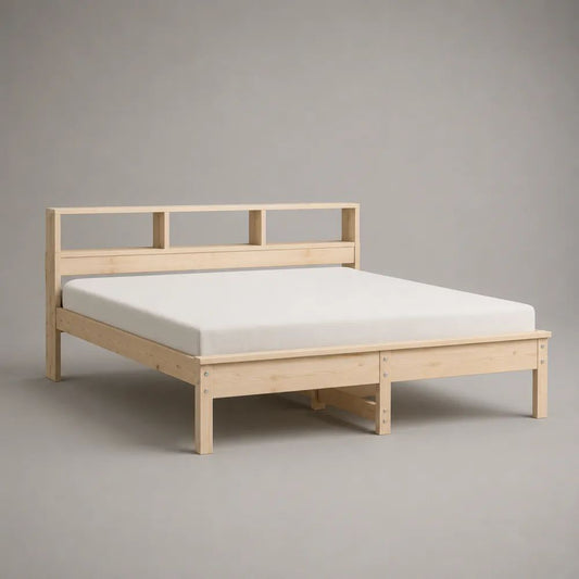 Letto matrimoniale in legno naturale 160 x 200 cm con testiera a vani e rete a doghe, 168 x 211 x 100 cm