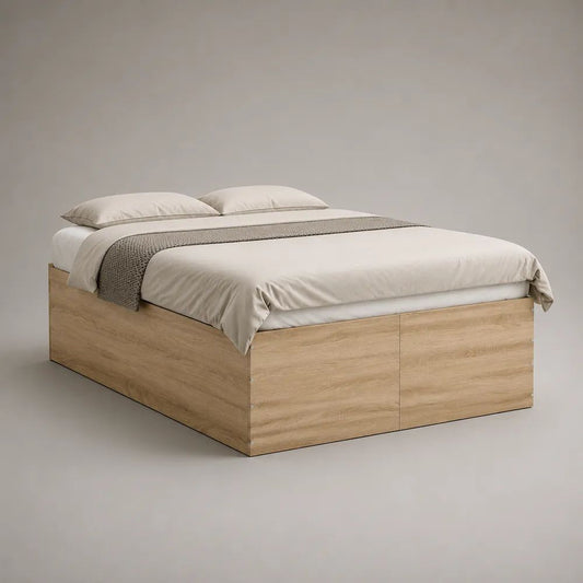Letto matrimoniale a piattaforma 160 x 200 cm in pannello truciolare melaminico, rovere chiaro, 166 x 206 x 50 cm