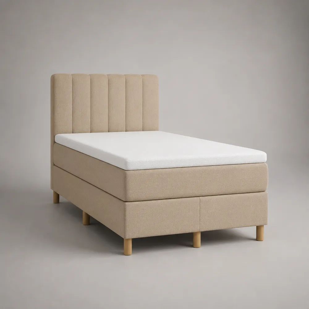 Letto boxspring singolo imbottito in tessuto beige con materasso e topper bianco, 90 × 200 cm