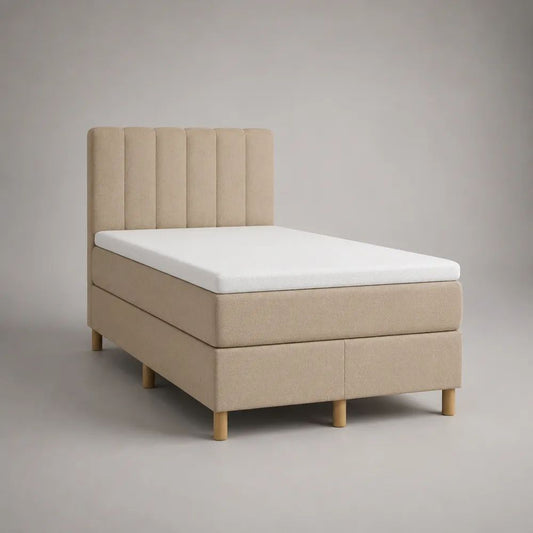 Letto boxspring singolo imbottito in tessuto beige con materasso e topper bianco, 90 × 200 cm