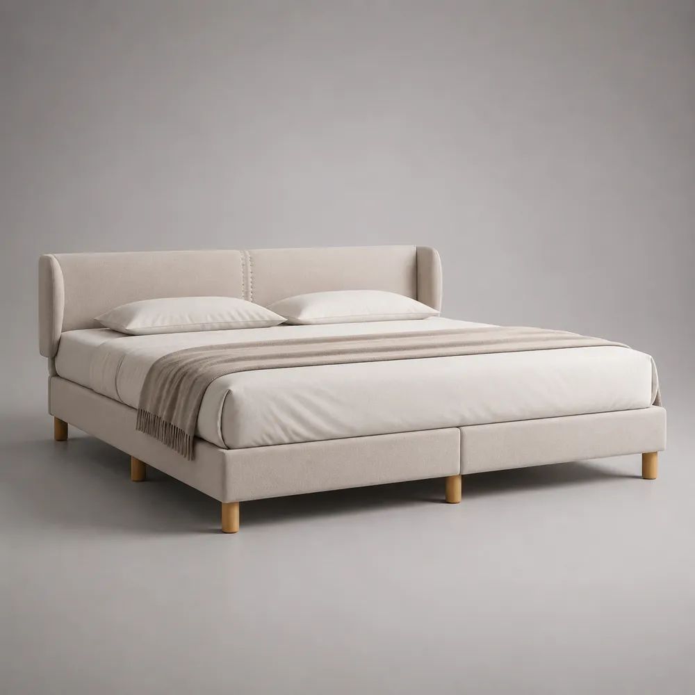 Letto matrimoniale imbottito in tessuto beige 180 x 200 cm con testiera ad ali e rete a doghe