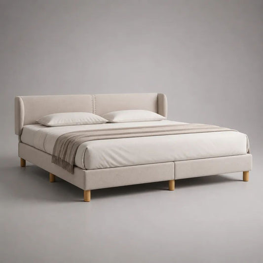 Letto matrimoniale imbottito in tessuto beige 180 x 200 cm con testiera ad ali e rete a doghe