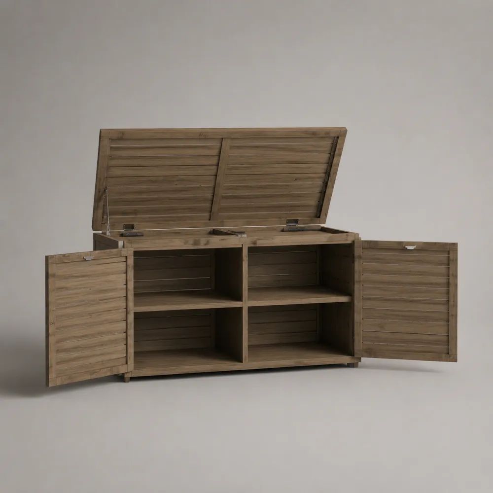 Armadio da giardino rettangolare in legno marrone con 4 vani, 2 ante e coperchio apribile, 170 x 55 x 105 cm