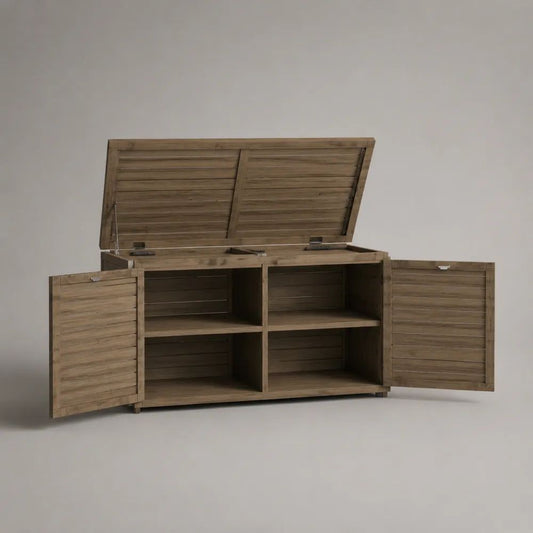Armadio da giardino rettangolare in legno marrone con 4 vani, 2 ante e coperchio apribile, 170 x 55 x 105 cm