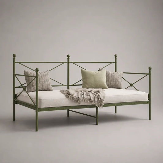 Letto-divano singolo 90 x 200 cm in acciaio verde oliva con schienale e sponde