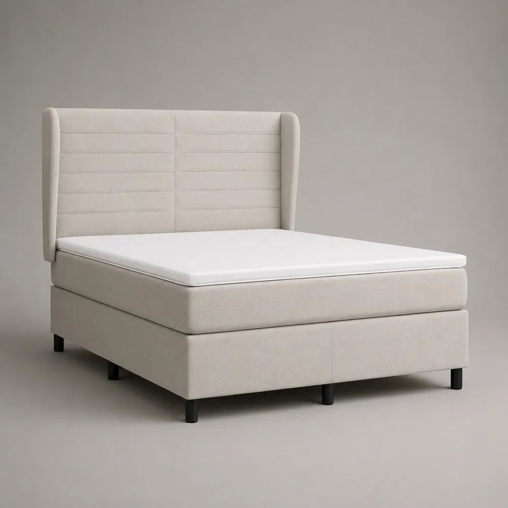 Letto matrimoniale imbottito con materasso 160 x 200 cm, rivestimento in tessuto avorio e testiera alta