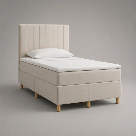 Letto continentale singolo imbottito beige chiaro con testiera, materasso e topper, 90 x 200 cm