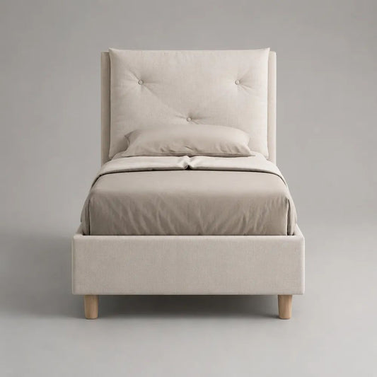 Letto singolo imbottito beige chiaro 105 x 215 x 128 cm in tessuto, per materasso 90 x 200 cm, con testiera capitonné e rete a doghe