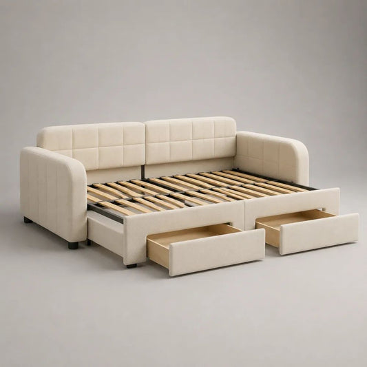 Divano letto matrimoniale imbottito crema 218 x 151 x 86 cm con rete a doghe 140 x 200 cm e 2 cassetti