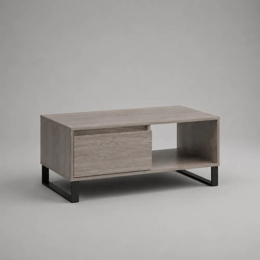 Tavolino da salotto rettangolare in MDF melaminico e acciaio con cassetto e vano aperto, grigio effetto rovere e nero, 100 x 50 x 50 cm