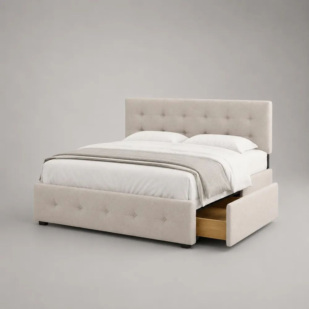 Letto matrimoniale imbottito in tessuto beige 160 x 200 cm, dimensioni 174 x 218 x 110 cm, con 2 cassetti